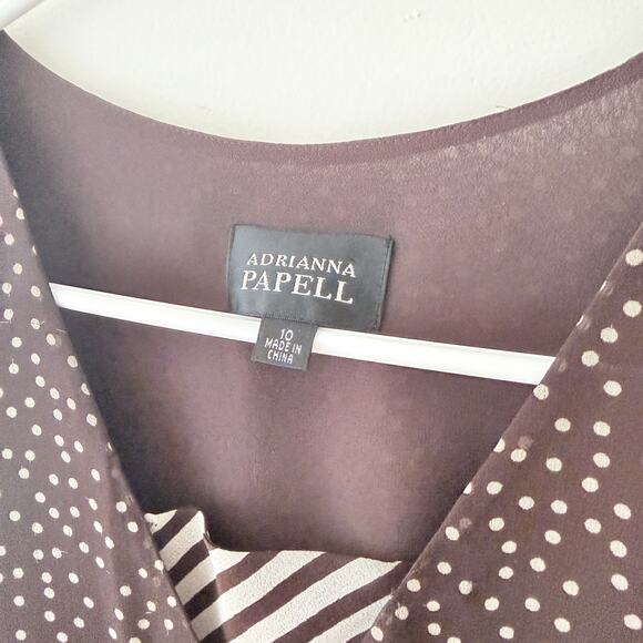 Adrianna Papell Silk Faux Wrap Dress Brown Polka Dot Pleated Sleeves Size 10 - Picture 6 of 10